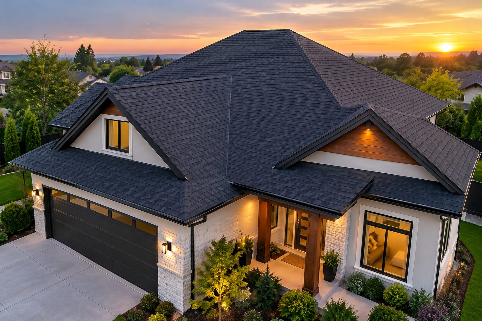 After: the same home with a new charcoal architectural shingle roof